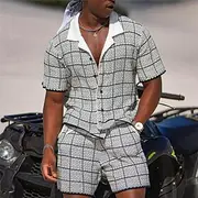 Men's Plaid Geometric Pattern 2pcs Shirts Sets Summer Hawaiian Shirt Short Sleeve Short Pants Cuban Collar Fashion Streetwear Designer Outdoor Daily Going out