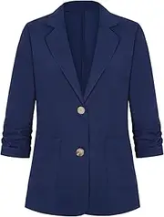 [LADI TREND] Womens Cotton Linen Blazer 3/4 Ruched Sleeve Lightweight Spring Summer Lapel Button Casual Blazers with Pockets
