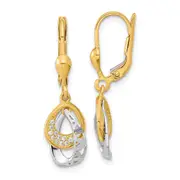 14k Two-tone Gold D/C Teardrop CZ Dangle Leverback Earrings