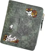 [QingLuo] Cat Embroidered Canvas Purse Minimalist Jeans Style Buckle Wallet for Present, Green, Sweet