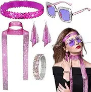 [Generic] 70s Jewelry - Disco Accessories Set, Sequins Chocker | 1970s Disco Accessories Disco Set, Women's Disco Fashion Kit, Retro Disco Outfit Bundle, Earrings for Christmas , Festival, Birthday, Refer
