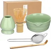 Matcha Whisk Set, Japanese Tea Set Includes Matcha Bowl with Spout, Matcha Whisk Holder, Bamboo Matcha Whisk and Bamboo Scoop, Ceramic Matcha Kit for Tea Lovers ﻿ (Green -5pcs)