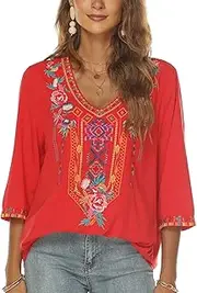 [Grosy] Bohemian Embroidered Tops for Women, Hippie Clothes, Mexican Peasant Blouses, Traditional Boho Clothing Tunic Shirts