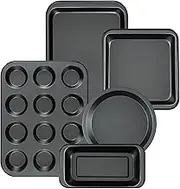 mobzio Kitchen 5-Piece Nonstick Bakeware Set - Round/Square Cake Pans, Muffin Pan, Loaf Pan, Roast Pan & Baking Sheets