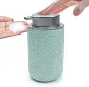 Ceramic Foaming Soap Dispenser with Silver Pump, 350ml 12Oz, Foam Wash Hand Soap Refillable Reusable Bottles, Decorative Container Dish for Lotion Hand Soap Kitchen Bathroom Holiday (Green)