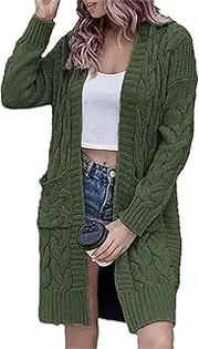 [Generic] Long Open-Front Cardigan - Soft Purple Cable Knit with Functional Pockets, Relaxed Fit for Women's Casual Outfits
