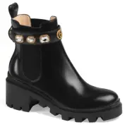Gucci Trip Jewel Strap Bootie Leather Ankle Boots Black Gold 40