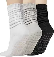 [COOLMATE GLOBAL] Grip Yoga Pilates Socks for Women for Yoga Pilates Barre, Long Scrunch Non Slip Grip Socks for Hospital Maternity Workout, Cute Tall Slouch Style Cotton for Women Gifts (Black/White/Grey, Pack 3