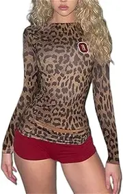 [ksotutm] Two Piece Sets for Women Fall Leopard Print Round Neck Long Sleeves Flip up Color Block Shorts