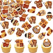 Cyodoos Edible 40Pcs Highland Cow Cupcake Toppers Farm Animals Cupcake Picks Highland Cow Theme Baby Shower Kids Birthday Party Cake Decorations Supplies