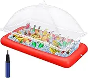 Leitee Inflatable Serving Bar Kit Includes Salad Buffet Tray with Drain Plug Mesh Food Cover Food Drink Containers and Inflator for Ice Supplies Party Camping Summer Picnic (Red,3 Pcs)