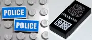 LEGO POLICE TILES ~ 2x White/Blue "Police" Tiles & 1x Black Police Badge Tile