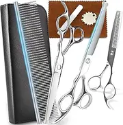 Dog Scissors Set 9 in 1, Professional Grooming Scissors with Bullet Tip for Dogs, Cats and Other Animals, Grooming Set with Case, Thinning Scissors, Grooming Comb, Safety Tip