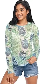 [RPLIFE] Blue Floral Green Leaves Mesh Top Women, Womens Sheer Tops S-XXL