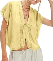 [Amuver] Women Y2k Lace Trim Tank Tops Tie Button Front Vest Shirt V Neck Summer Cute Boho Blouse