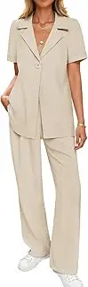 [ZESICA] Women's 2025 Casual 2 Piece Outfits Short Sleeve Blazer Jacket and Wide Leg Pants Loose Business Suit Sets