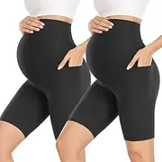 [Hi Clasmix] Maternity Shorts Over Belly-2 Pack 8”Biker Shorts with Pockets Pregnancy Active Athletic Yoga Running Short Pants