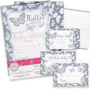 Amanda Creation Baby Shower Invites for Girls – Purple Butterfly Baby Shower Invitation Bundle with Diaper Raffle Tickets, Book Request Cards & Envelopes. Set of 20 5X7 Flutter By Invitation Kit Sets