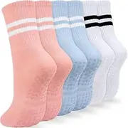 [KOOOGEAR] 3 Pairs Non-Slip Yoga Socks Pilates Socks for Women,Anti Slipper Stripes Long Crew Grip Socks for Barre,Ballet,Dance,Hospital, Dance,Fitness,Home, Pink/Blue/White, 4.5-8 US