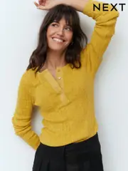 Yellow Long Sleeve Crew Neck Textured Knitted Top Jumper (E94228) | $39