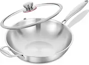 [LOLYKITCH] 12 Inch Tri-Ply Stainless Steel Wok Pan with Lid, Stir-Frying Pan,Induction Cooking Pan,Dishwasher and Oven Safe,Heavy Duty and Detachable Handle.