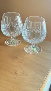 2 WATERFORD LISMORE 5 1/4" Brandy Snifter Glasses Stickers & Old English Marks