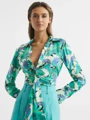 REISS Dana Floral Print Tie Front Cropped Blouse Top in Aquamarine UK Size 8