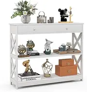 [Costway] Console Table with Drawer, 3-Tier Couch Table with Storage Shelves, Modern Sofa Side Table with Anti-toppling Device, Narrow Entryway Table for Small Space, Living Room, Hallway (White)
