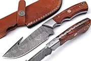 Handmade Camping Knife Hand Forged Rosewwod Handle Damascus steel Fixed Blade Knife for Hunting, Skinning Outdoor Camping Bushcraft Knife with Leather Sheath (HK-122)