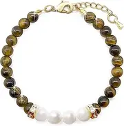 { Georgiadis } - Real Freshwater Pearls & Genuine 6mm Bead Tiger Eye Gemstone Bracelet, 18K Gold Plating and High Luster Grade A Pearls, Natural Gemstones, Promotes Wealth, Productivity, Loyalty, Birthstone January, Birthday, Gift, Bracelet for Women