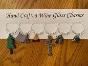 " TENT CAMPING " Hand Crafted SET OF 6 Wine Glass Charms