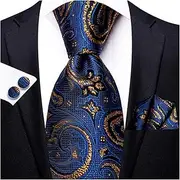 [VSOLS] Men's Blue Black Striped Tie 3.4" Tie Pocket Square Cufflinks Wedding Party Silk Tie Set (Color : SN-3382, Size : 59.06 * 3.35in)