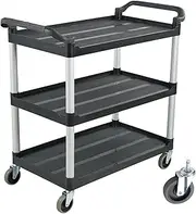 3 Tier Utility Service Cart Trolley Restaurant Kitchen Food Serving Catering With Wheels/Without Brakes,Large Shelf Storage Heavy Duty Catering Carts for Bar Salon Warehouse Office (Black (No brakes))