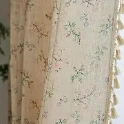 Floral Farmhouse Curtains Semi-Blackout Living Room Drapes 63 Inch Length Cotton Linen Blend Short Bohemian Window Curtain Panels with Tassel Beige Rod Pocket Bedroom Drapes, 2 Panel