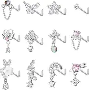 [Sanfenly] 12Pcs 20G Dangle Nose Rings Studs L Shaped for Women Stainless Steel Nose Studs Cross CZ Butterfly Heart Flower Dangling Nose Piercing Jewelry