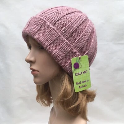 KOALA KNIT HAND KNITTED LADIES PINK, FIR GREEN, GREY WOOL BLEND FLECK RIB BEANIE