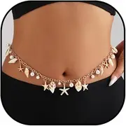 [BELUCKIN] Seashell Starfish Waist Chains for Women Bohemian Faux Pearl Conch Belly Chain Gold Plated Sea Shell Body Chains Sexy Charm Belt Bikini Chain Summer Beach Body Accessories for Women