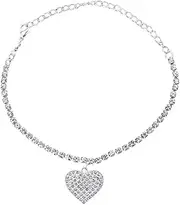 [Cykdohy] Rhinestone Heart Charm Anklet for Women Silver Sparkly Crystal Love Pendant Foot Anklets Tennis Chain Glitter Boho Ankle Bracelet Adjustable Summer Beach Wedding Party Jewelry Gifts, One Size,