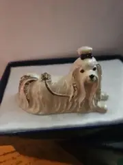 White Maltese Jeweled Hinged Trinket Box With Necklace