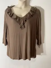 Brown Long Sleeve Top With Front Frills Size20 Stretchy Fabric New/ Tags