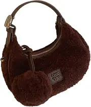 [yuksok] Plush Tote Bag for Women Half Moon with Adjustable Strap Mini with Zipper Purse