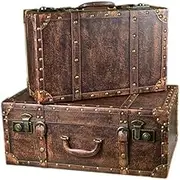saditesdk Vintage Decorative Suitcase Set of 2 Vintage Storage Suitcase Wooden Box PU Leather Treasure Chest Jewelry Organizer Storage Trunk, Brown L+S
