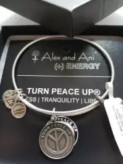 Alex and Ani TURN PEACE UP Silver Tone Charm Bangle New w Tag Card &Box