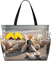 [Ghjkfbf] Seashell Starfish Print Large Capacity Beach Travel Bag For Family, Beach Tote Bag For Women With Zipper Pockets, Black, One Size