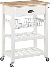 OSP Home Furnishings Hampton Kitchen Cart with Wood Top, Utensil Drawer, Under Cabinet Basket, and 2 Slatted Shelves, White Base