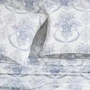 [DAUAOTO] Queen Size 100% Cotton Bedding Printed Sheets Set, Up to 14" Deep Mattress, Farmhouse Country Cottage Pattern Bedlinen Sets, French Blue