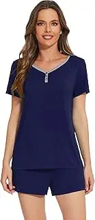 [WiWi] Bamboo Women's Pajamas Set 2 Piece Cute Short Sleeve Sleepwear Print Shorts Loungewear with Pockets S-XXL