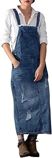 [semen] Womens Vintage Classic Suspender Long Denim Skirts Washed Distressed Dungarees Dress Skirts Ripped Holes Pinafore Overalls