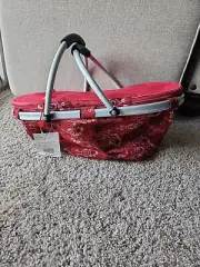 Vintage Red Paisley Canvas Fabric Type Collapsible Two Handled Cooler Basket