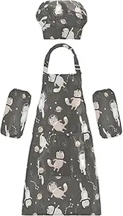 AIXIWAWA Kids Apron Chef Hat Set, Child Kitchen Bib Aprons Adjustable for Cooking Baking Painting (Funny Astronaut Cats)